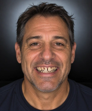 Before: the original smile with missing and worn teeth