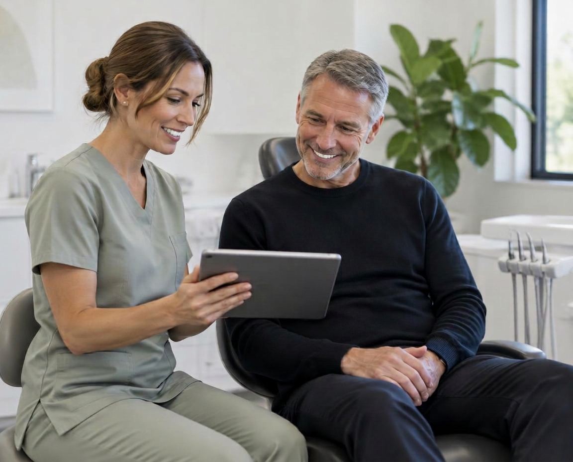 A dental professional and patient discussing a smile preview together